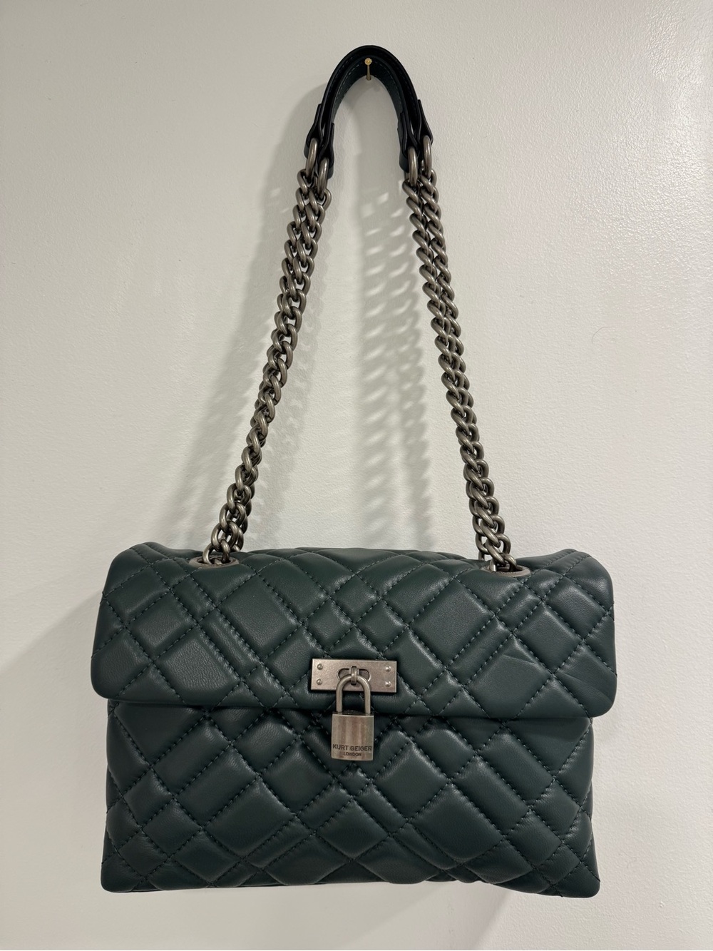 Kurt Geiger Quilted Dark Green Shoulder Bag with Chain Strap